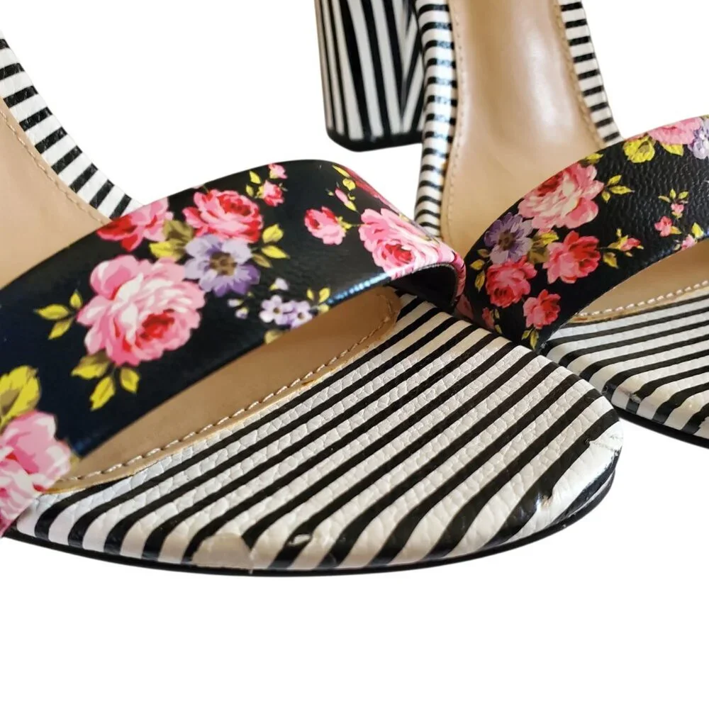 FLORAL AND STRIPES OPEN TOE HEELS SIZE 11